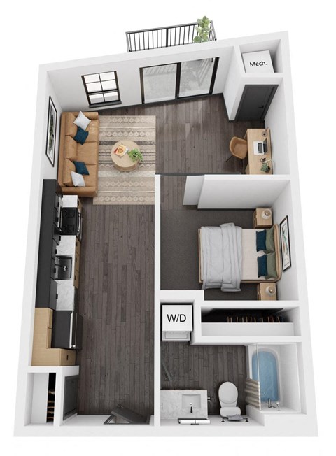 Floor plan for 1 bed, 1 bath, 613 sqft